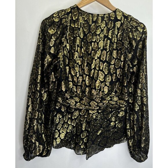 A.L.C. Women's Logan Metallic Print Silk Long Sleeve Blouse Size 8 - Picture 9 of 13